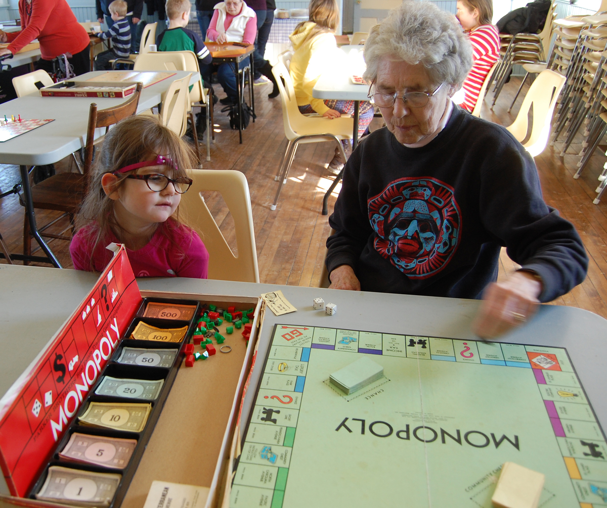 Grandmother and granddaughter play monopoly